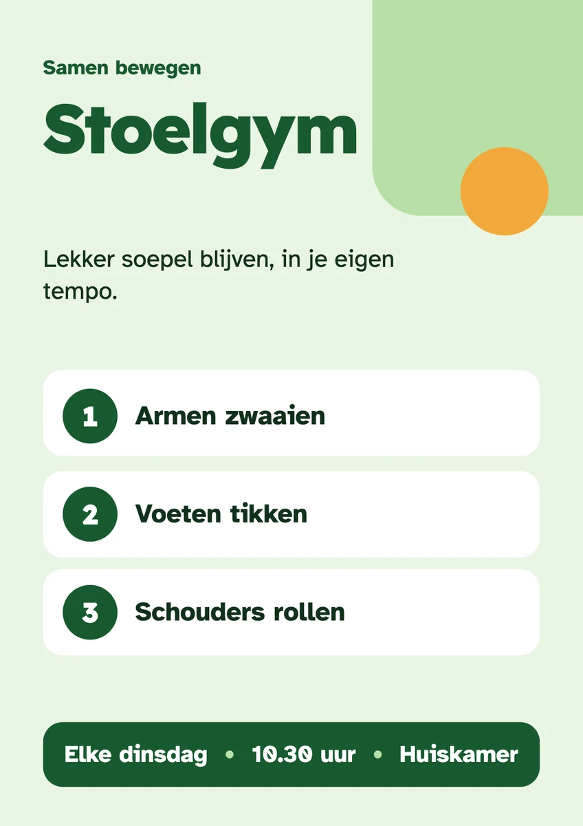 Het affiche dat de kalender maakte: Stoelgym, elke dinsdag om 10.30 uur in de huiskamer