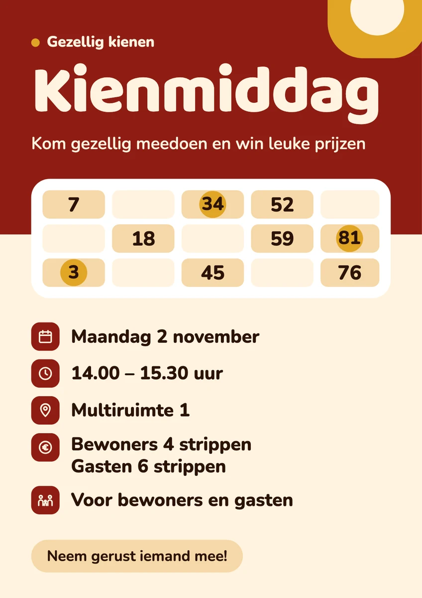 Affiche voor de kienmiddag met dag, tijd, zaal en kosten