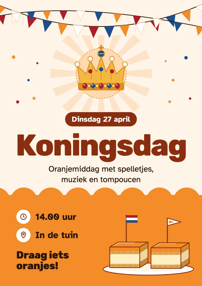 Affiche voor Koningsdag met een oranjemiddag in de tuin