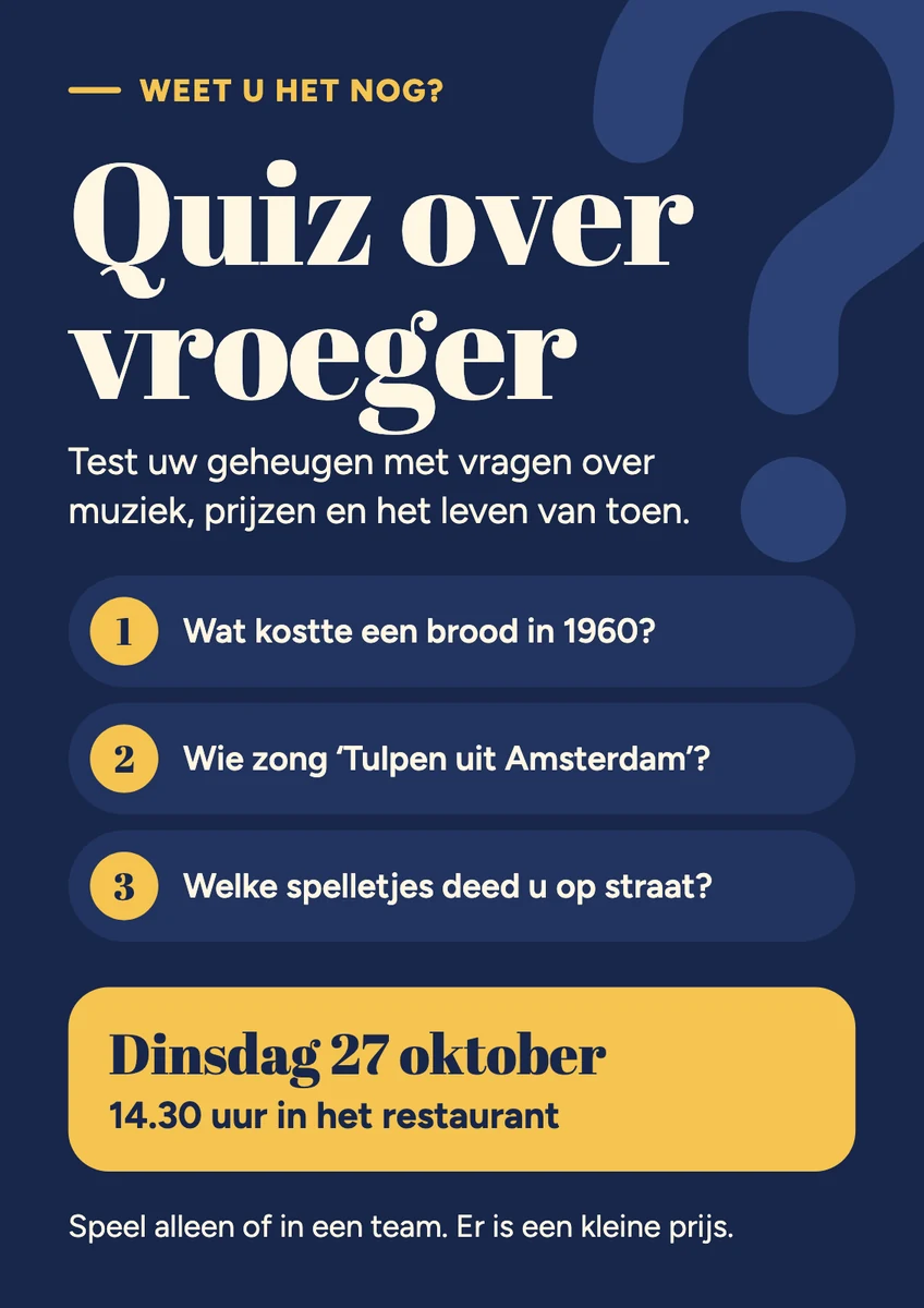 Affiche voor een quiz over vroeger op dinsdag 27 oktober